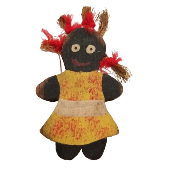 Vintage Wood Blackamoor Straw Hair Girl Figural Pin L64